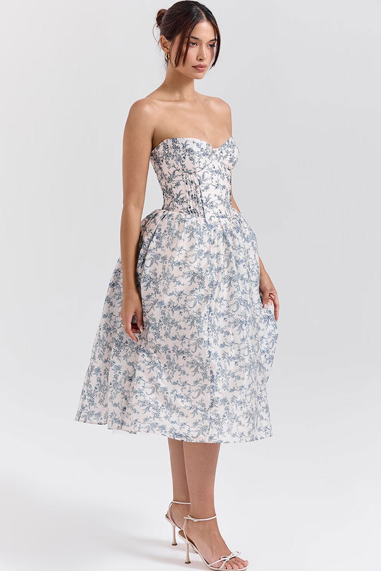 Fransız Stili Çiçek Desenli Straplez Midi Elbise