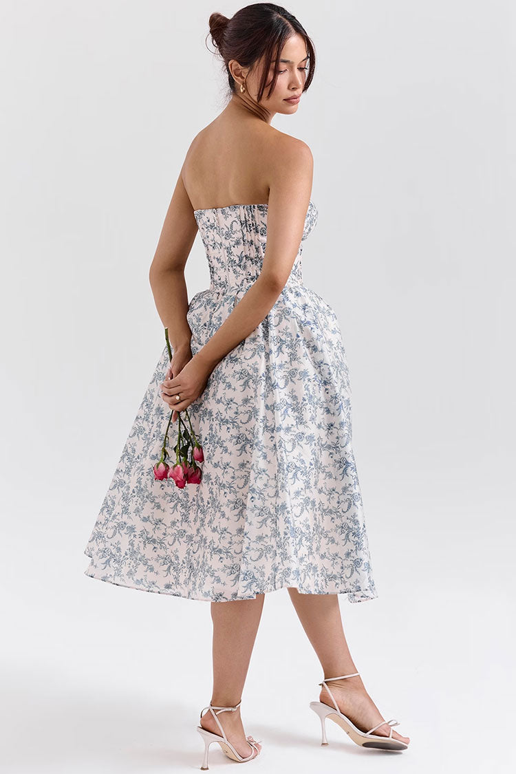 Fransız Stili Çiçek Desenli Straplez Midi Elbise