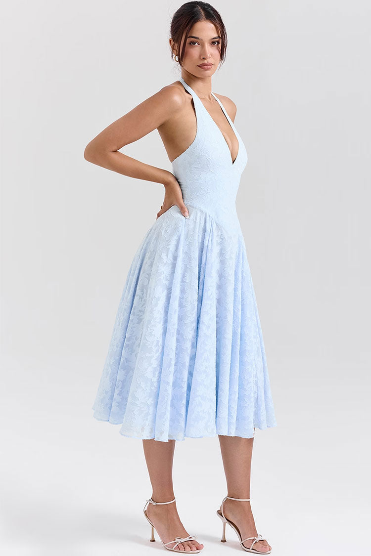 Fransız Stili Dalma Bel Jakarlı Midi Elbise