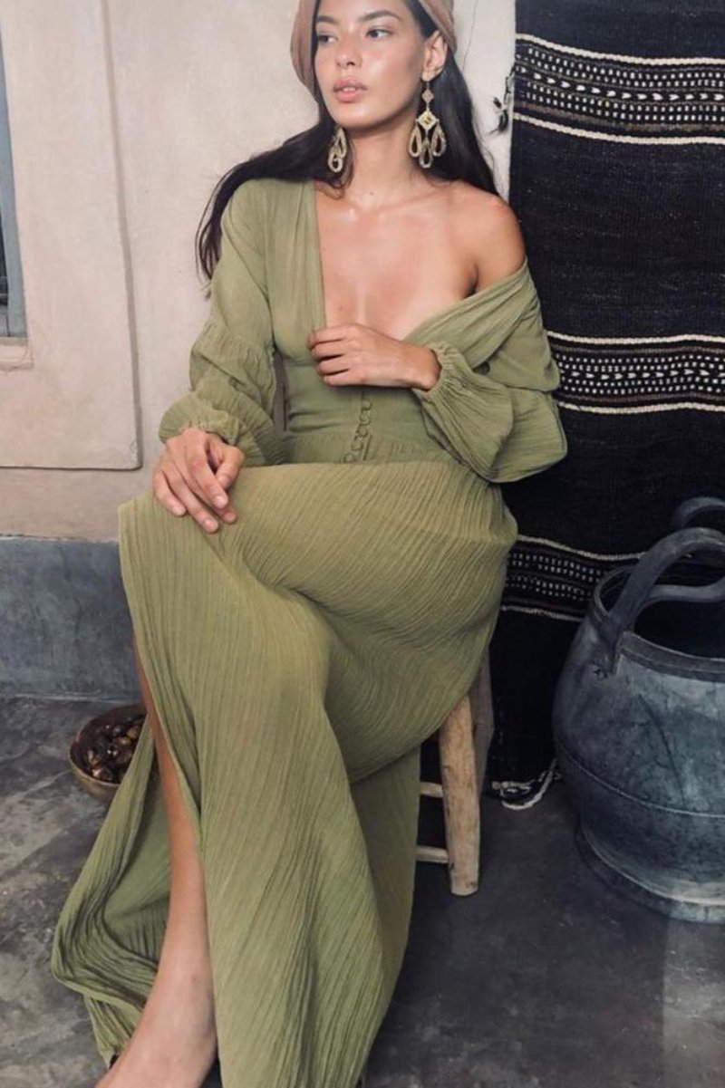 Giselle V-Yaka Pilili Sütannesi Maxi Elbise