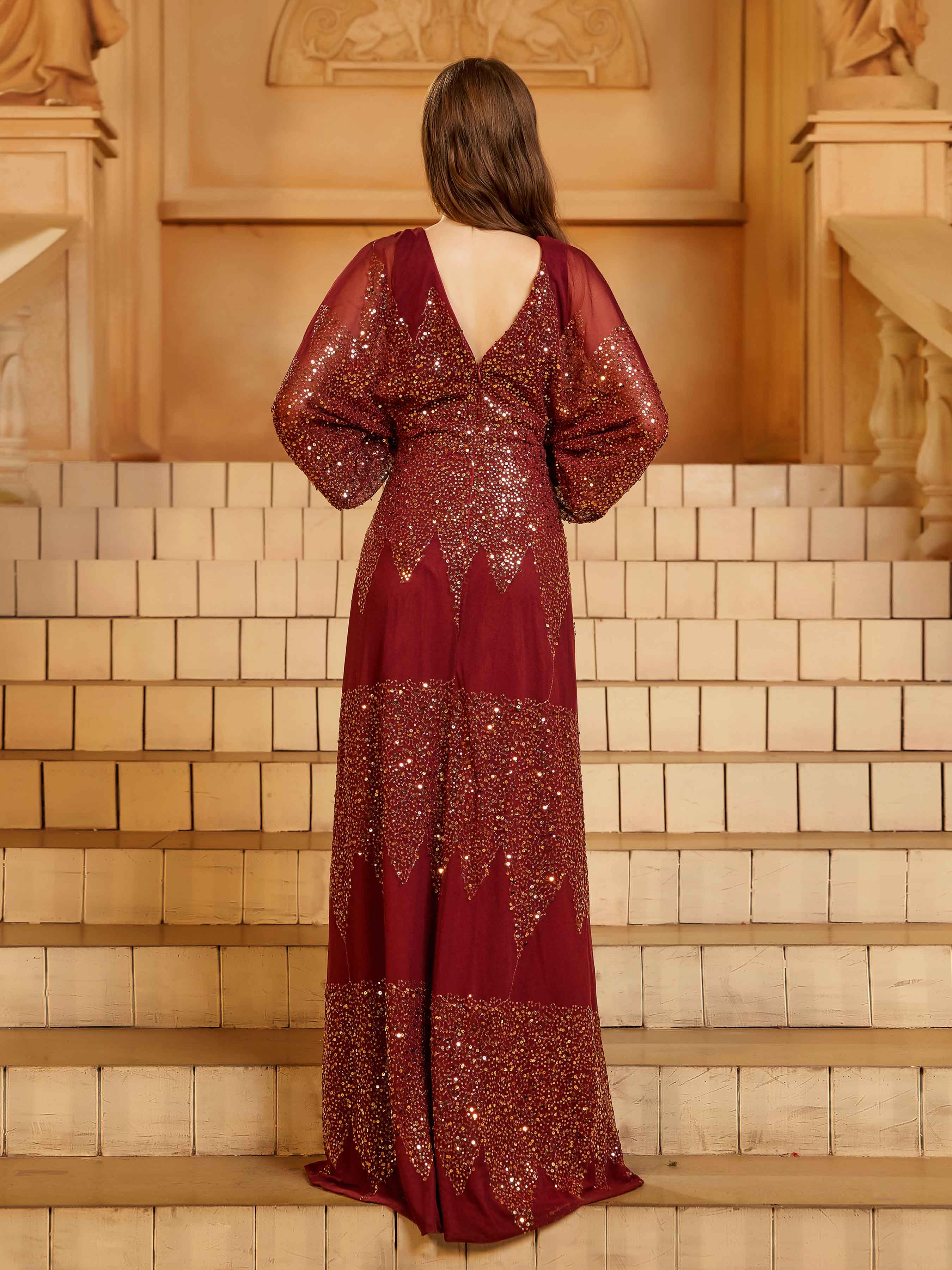 Burgundy A Kesim Yırtmaçlı  Maxi Elbise-Kırmızı