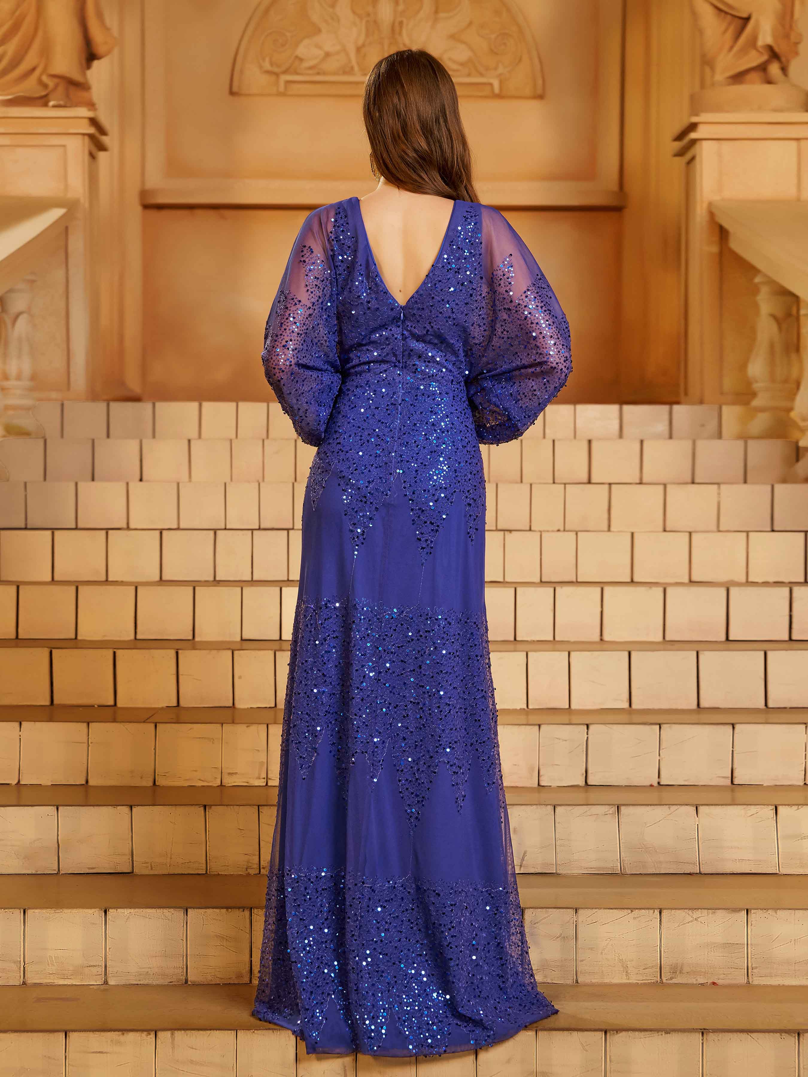 Burgundy A Kesim Yırtmaçlı Maxi Elbise-Mavi