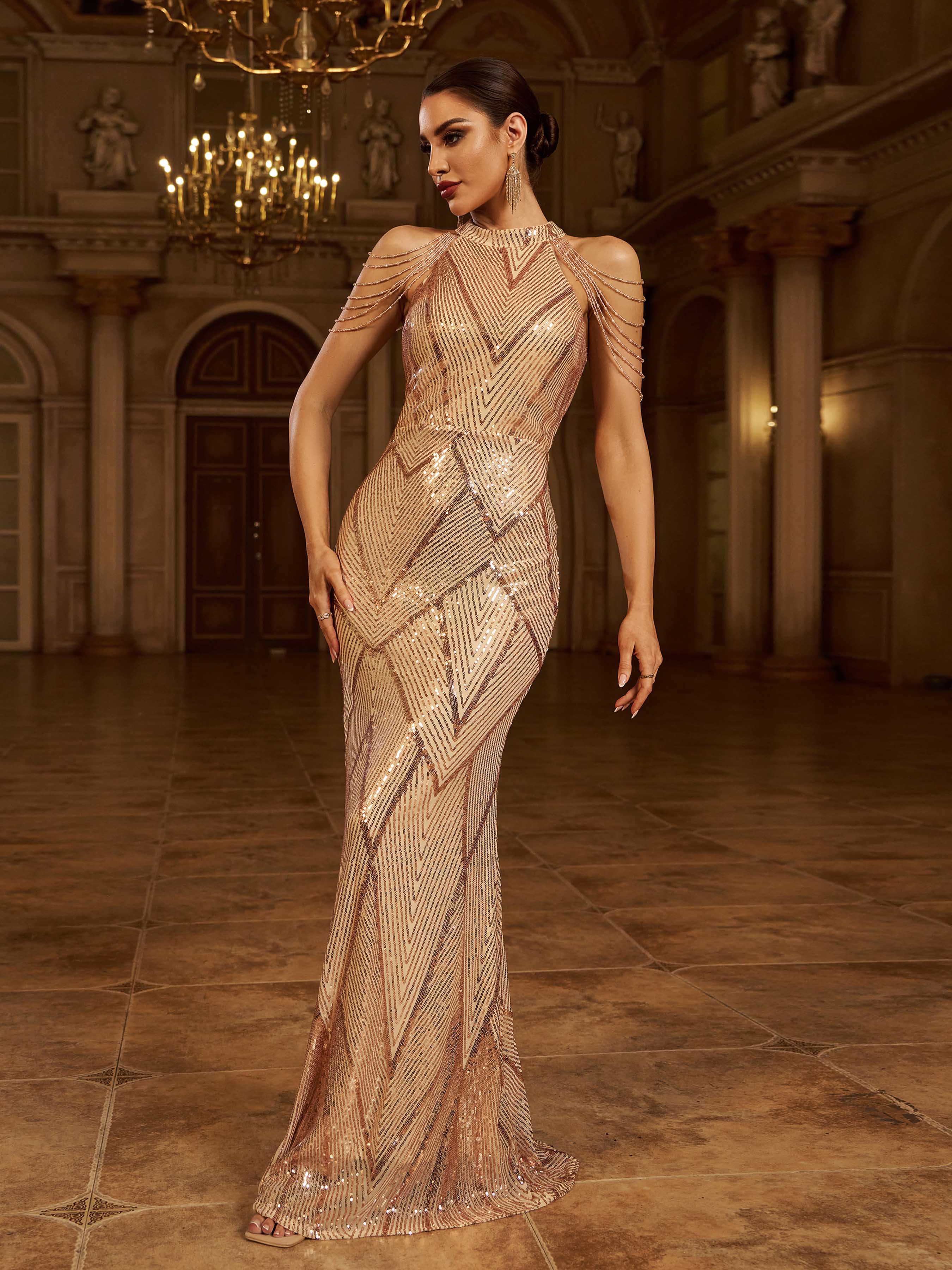 Geometrik Payetli zincir Deniz Kızı Maxi Elbise