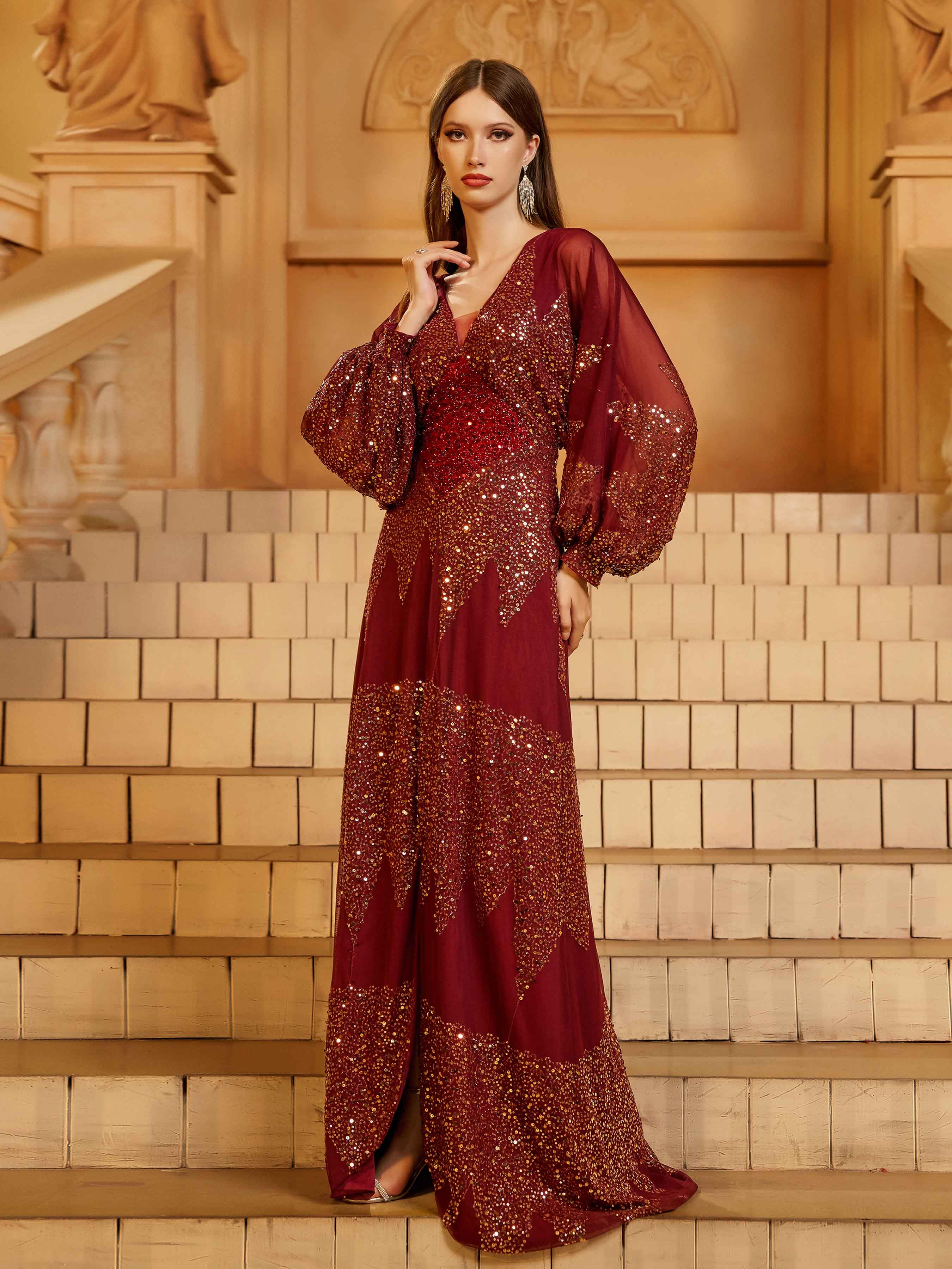 Burgundy A Kesim Yırtmaçlı  Maxi Elbise-Kırmızı