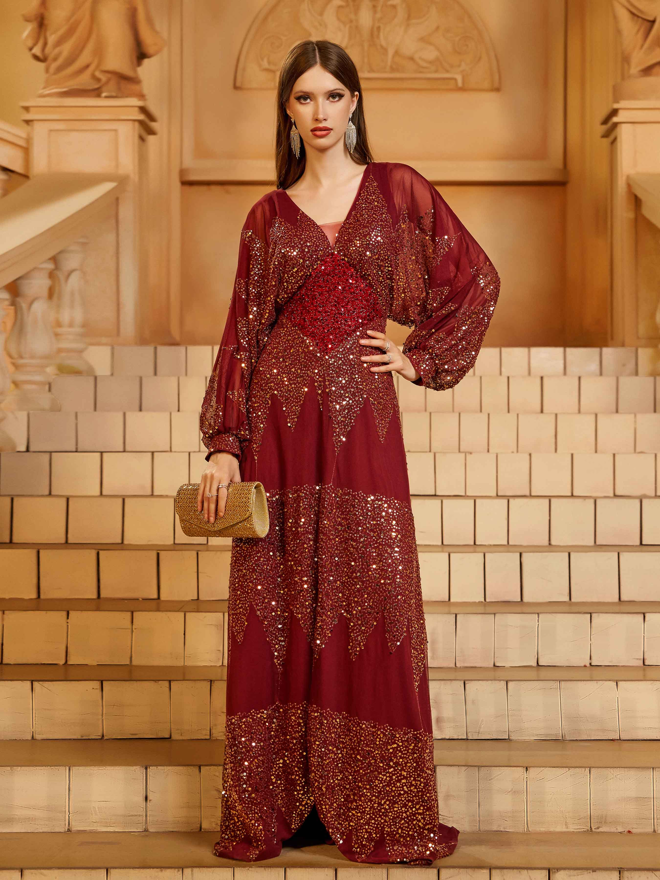 Burgundy A Kesim Yırtmaçlı  Maxi Elbise-Kırmızı