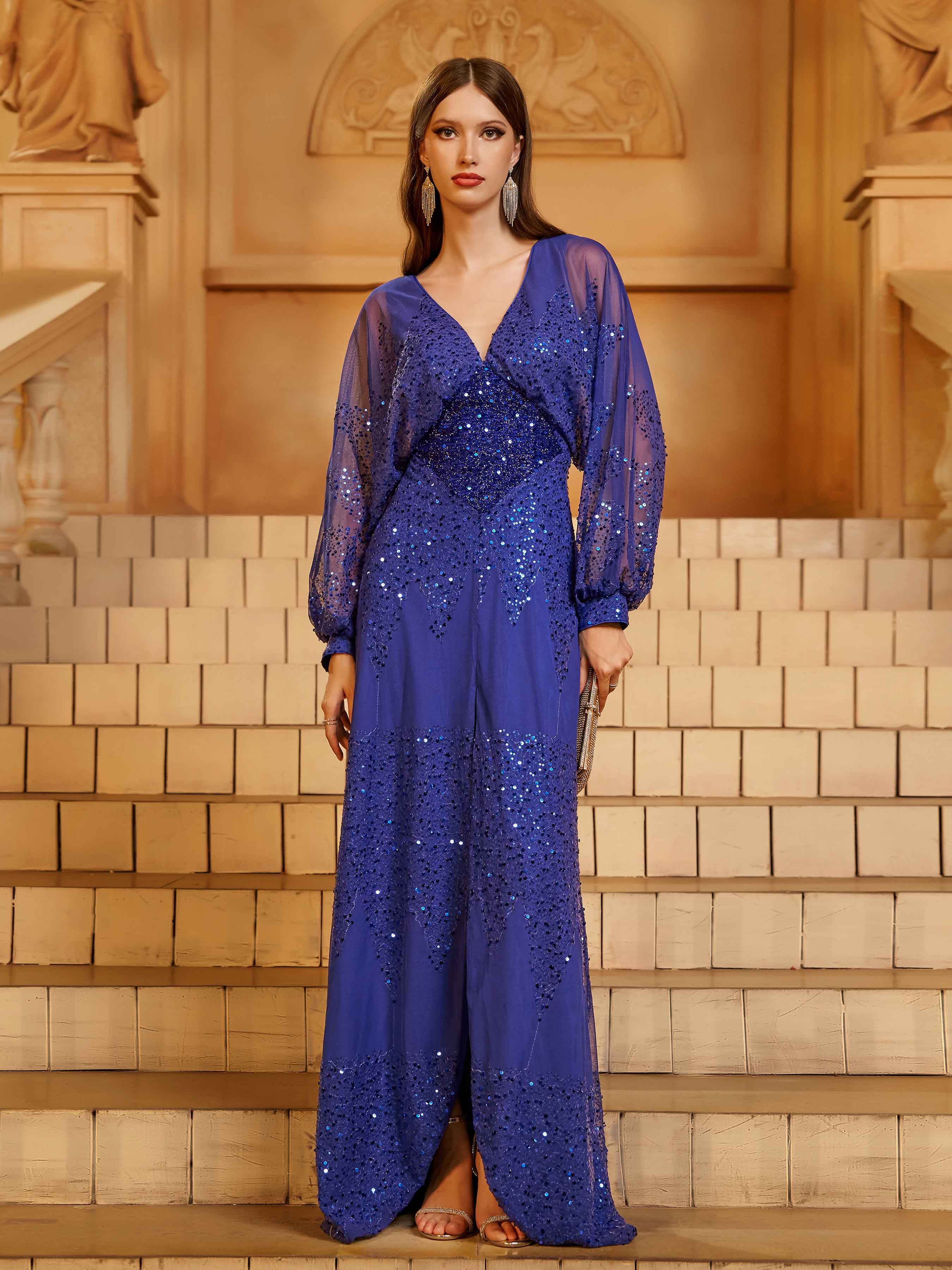 Burgundy A Kesim Yırtmaçlı Maxi Elbise-Mavi