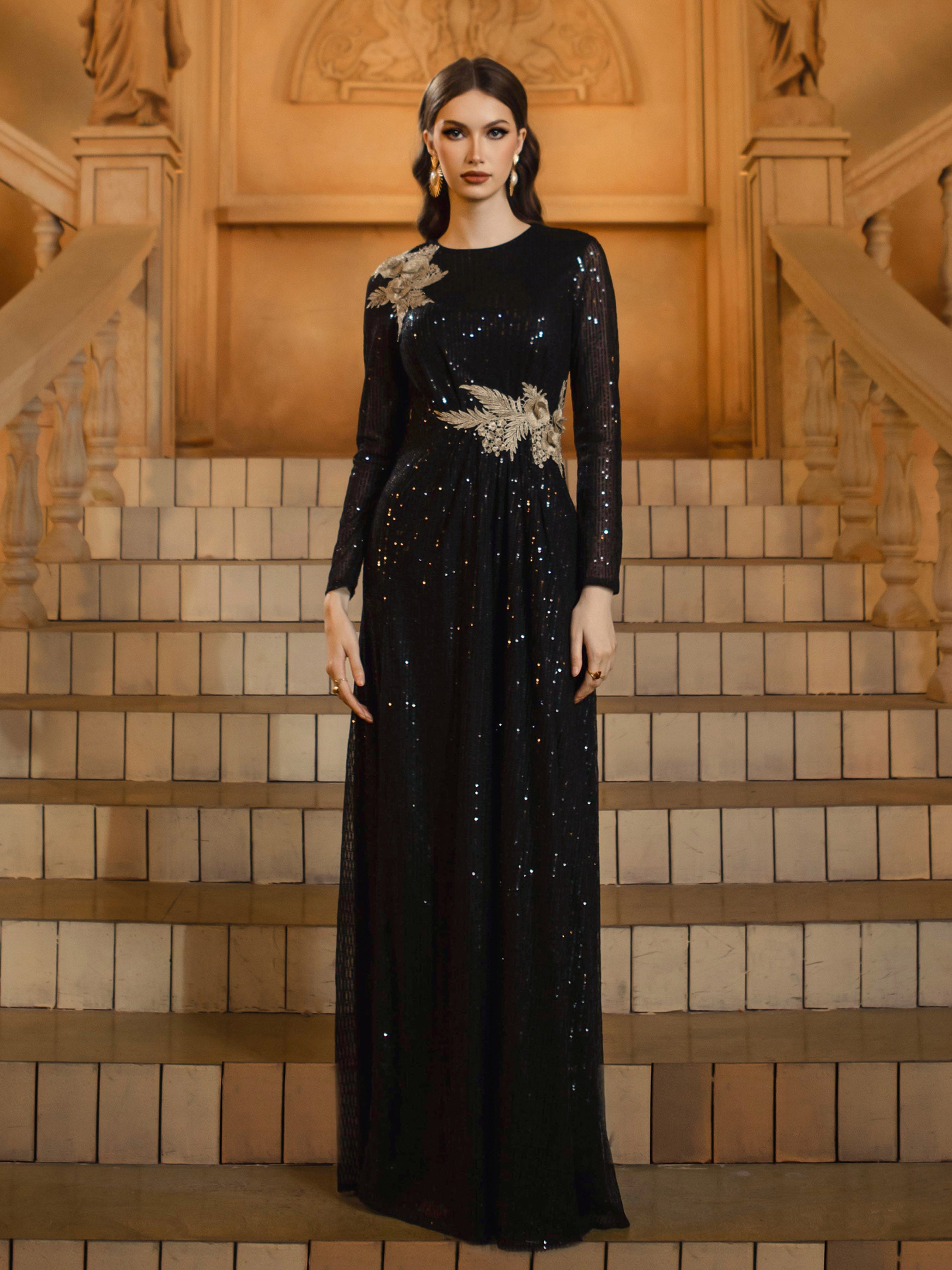 Seraphina Payetli Uzun Kollu Maxi Elbise