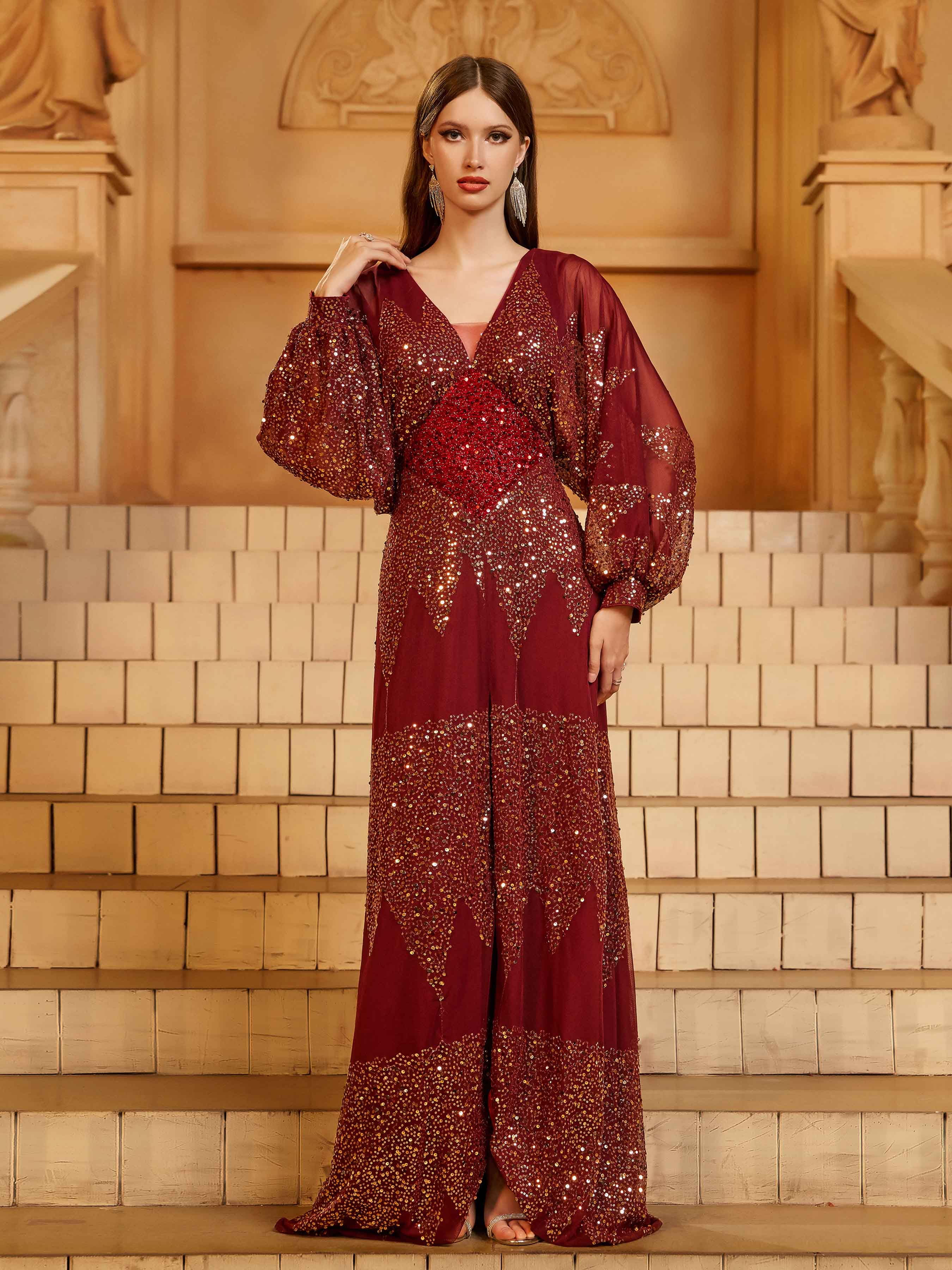 Burgundy A Kesim Yırtmaçlı  Maxi Elbise-Kırmızı