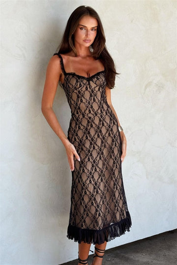 Ina Çiçekli Dantel Fırfırlı Maxi Elbise