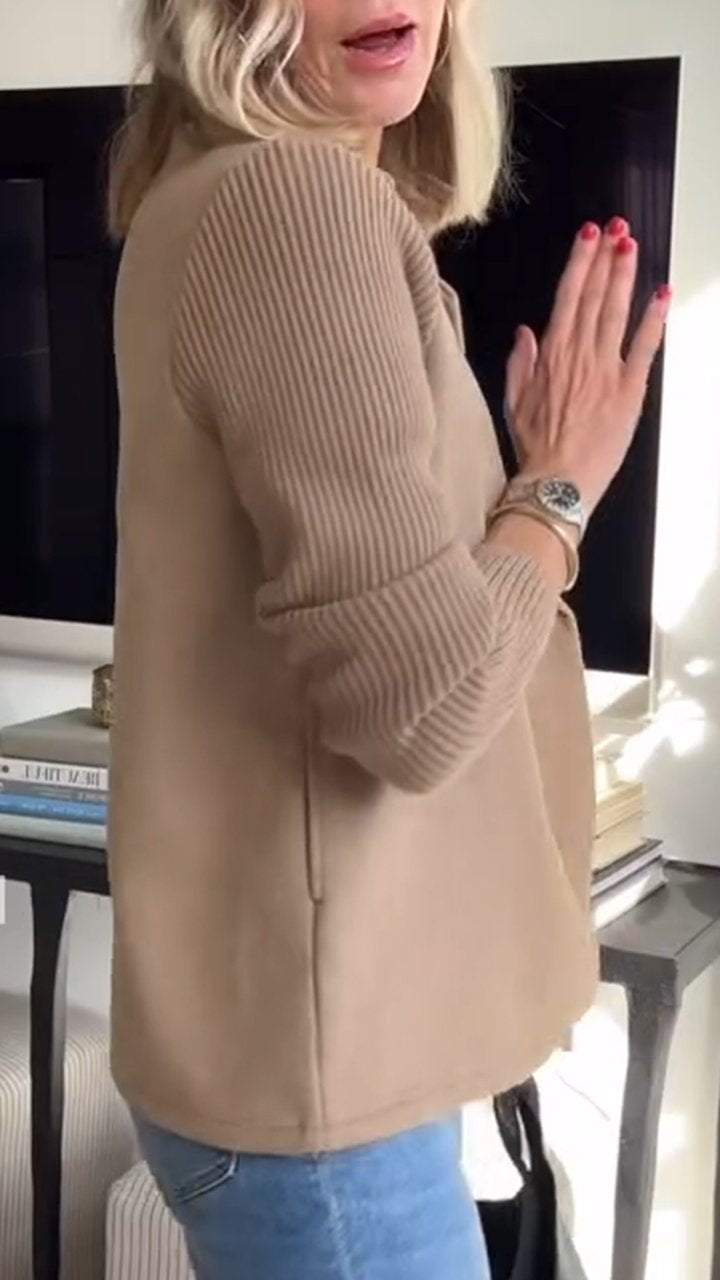 Triko Kollu Kruvaze Kaşe Ceket