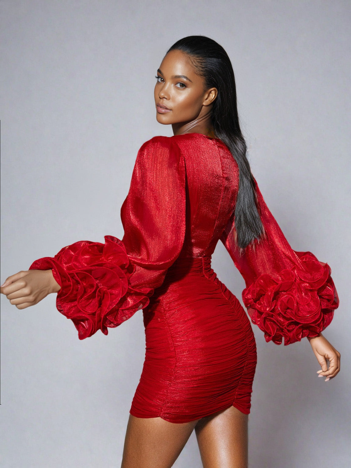 Anneline Kırmızı V Yaka Dantelli Mini Elbise