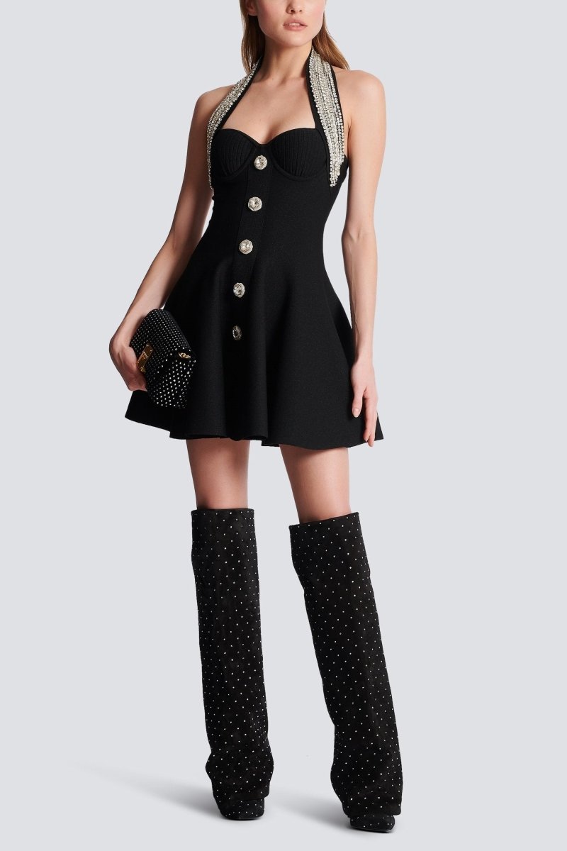 Patricia Crystal Süslemeli Halter Mini Örgü Elbise