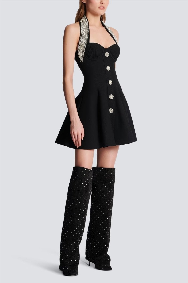 Patricia Crystal Süslemeli Halter Mini Örgü Elbise