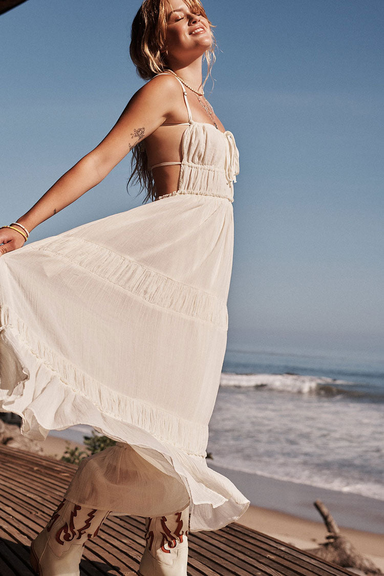 Sırtı Açık Büzgülü Katmanlı Fırfırlı Plaj Tatili Midi Elbise