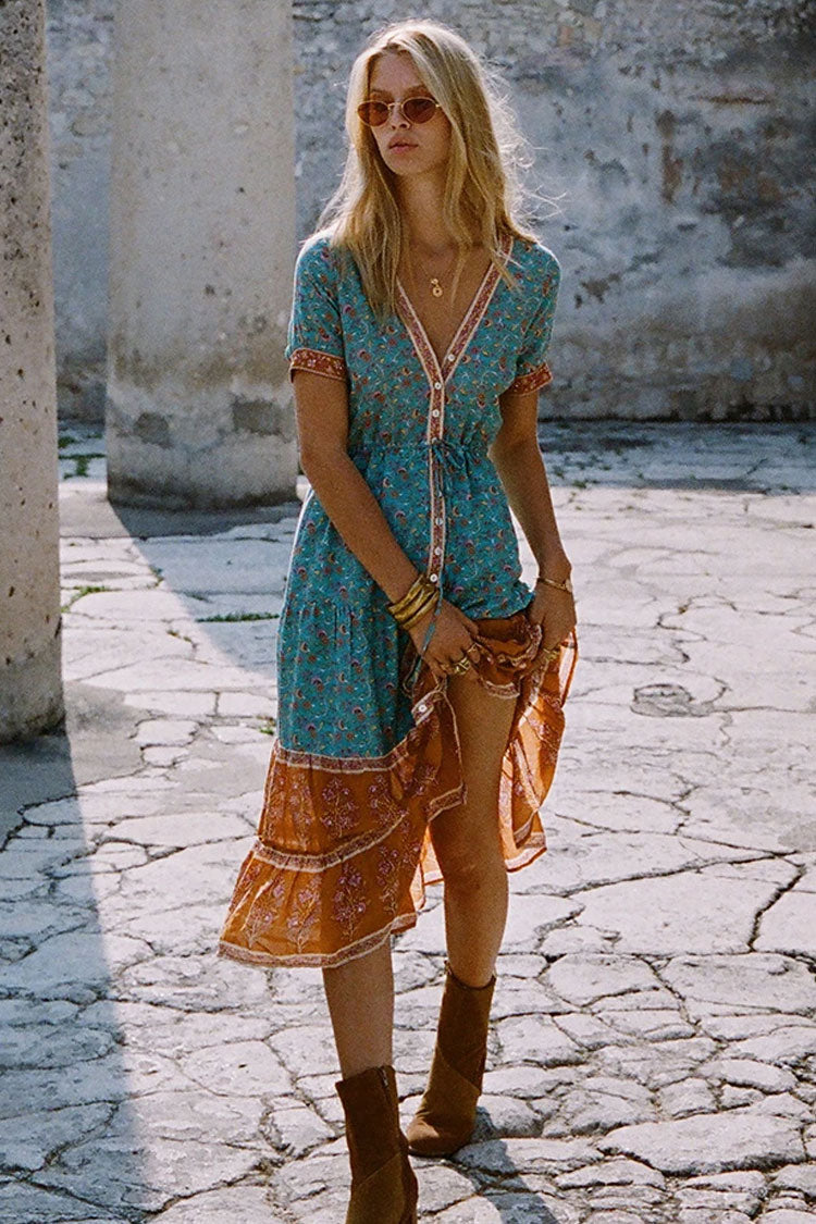 Vintage Çiçek Desenli Midi Elbise - Deniz Mavisi