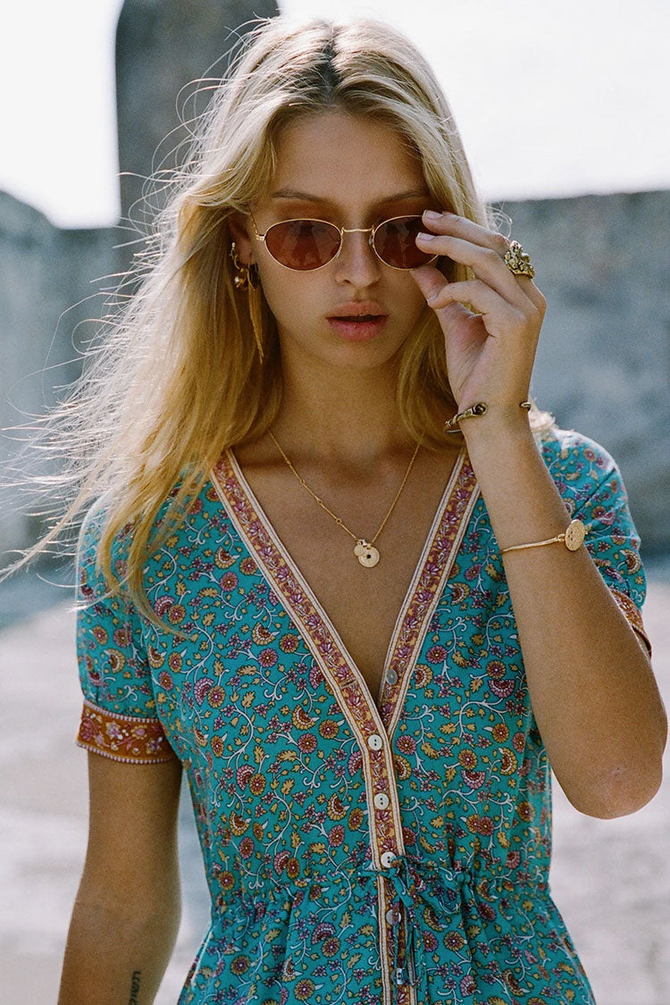 Vintage Çiçek Desenli Midi Elbise - Deniz Mavisi