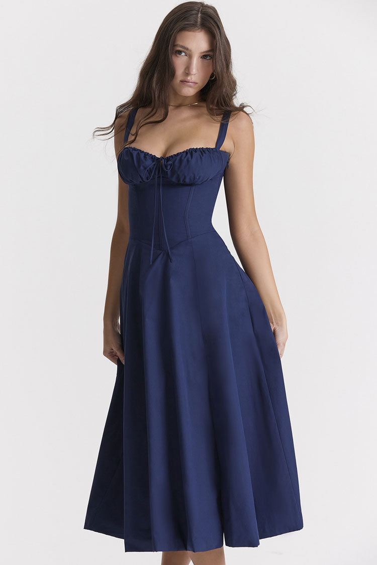 Vintage Önü Bağcıklı Midi Elbise- Lacivert