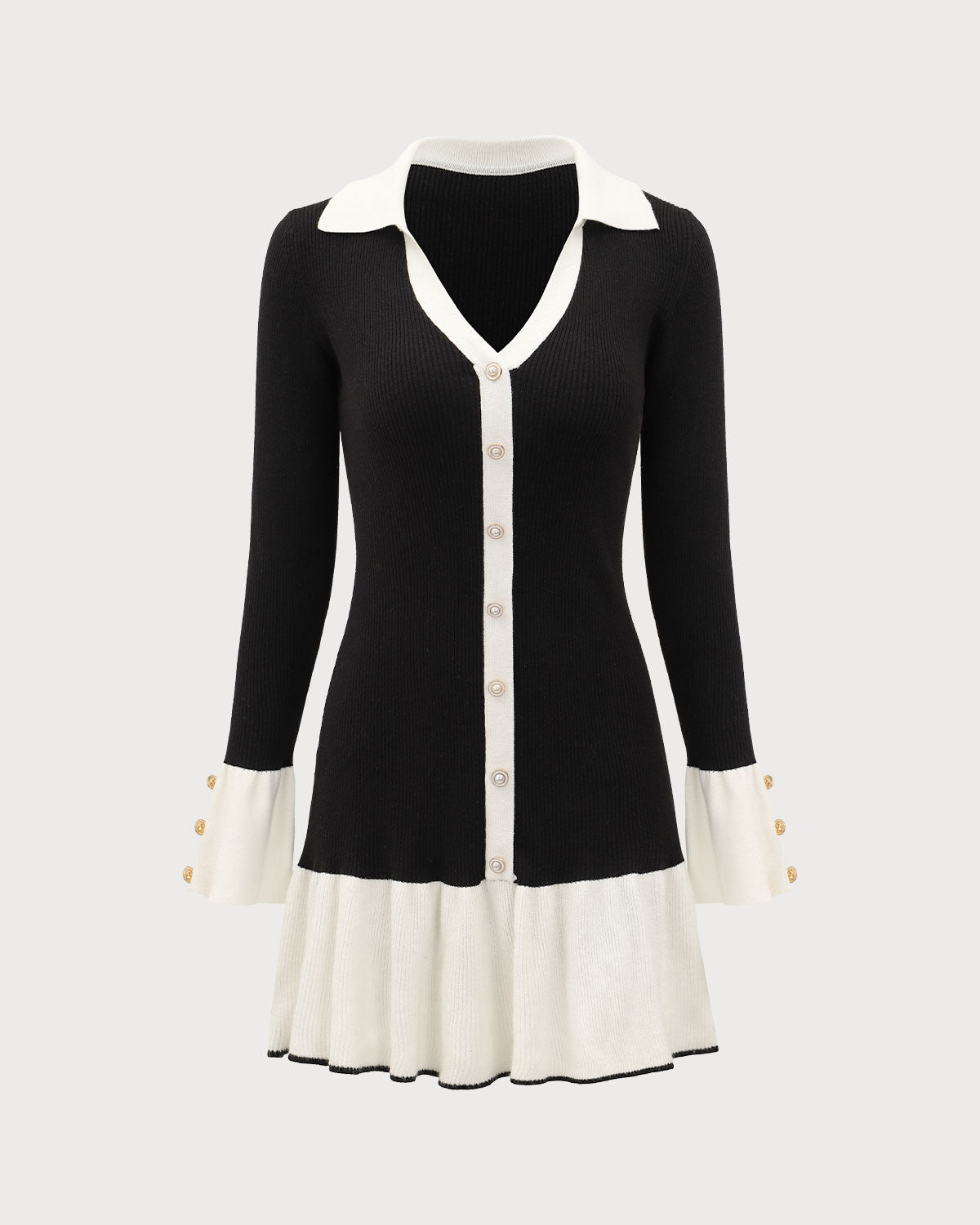 Siyah Kontrastlı Çan Kollu Örme Mini Elbise