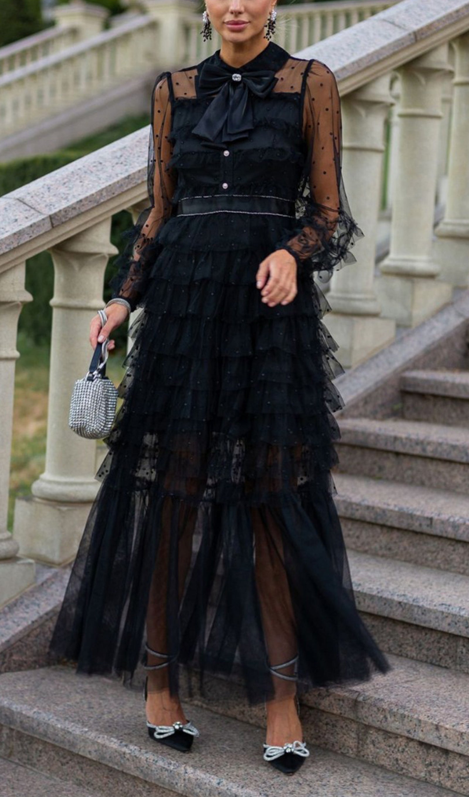 Uzun Kollu Ruffle Rhinestone File Maksi Elbise