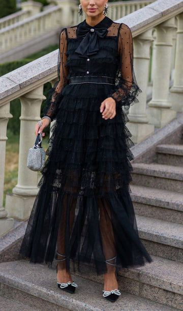 Uzun Kollu Ruffle Rhinestone File Maksi Elbise