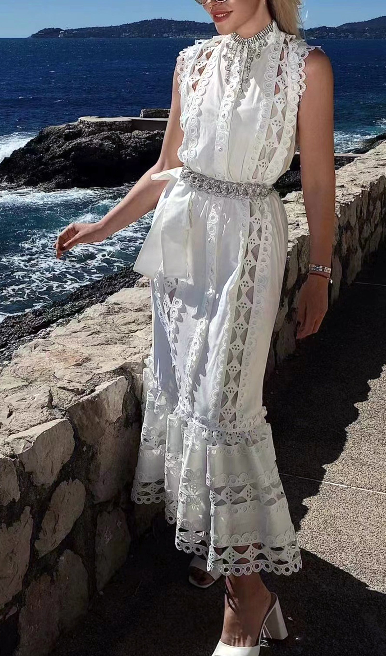 Kolsuz Hollow Out Kroşe Maksi Elbise